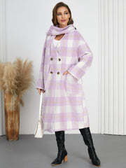 Pink purple plaid cocoon coat and scarf set with double-breasted closure and pockets.