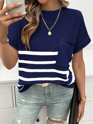 Knit stripe tee in dark navy with white stripes, short sleeves, and a patch pocket.