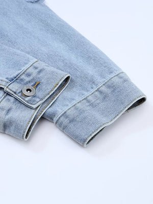 Light wash denim trucker jacket with distressed detail and button cuff