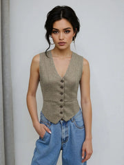 Tailored houndstooth bustier vest in mocha with button front and V-neck.