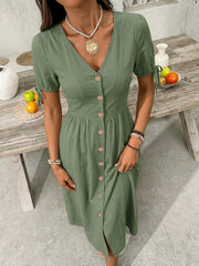 Sage button-down midi dress with v-neck, short puff sleeves with ties, and gathered waist