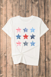 White crewneck tee with a watercolor starburst print in red, white, and blue.