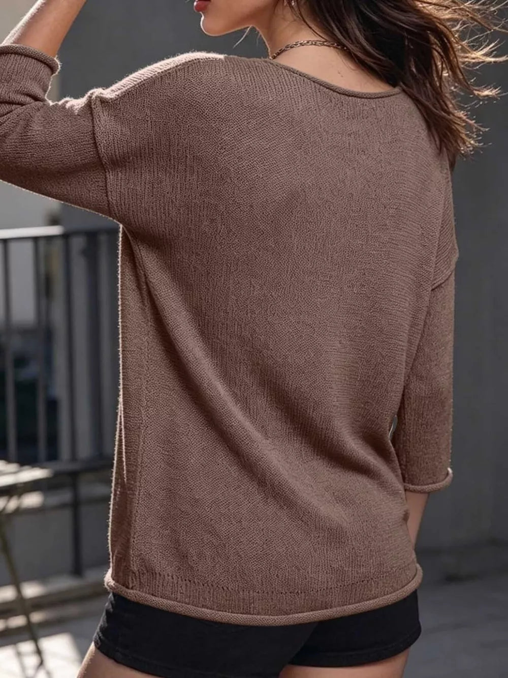 V-neck Chest Pocket Knit Top in Black, close-up detail