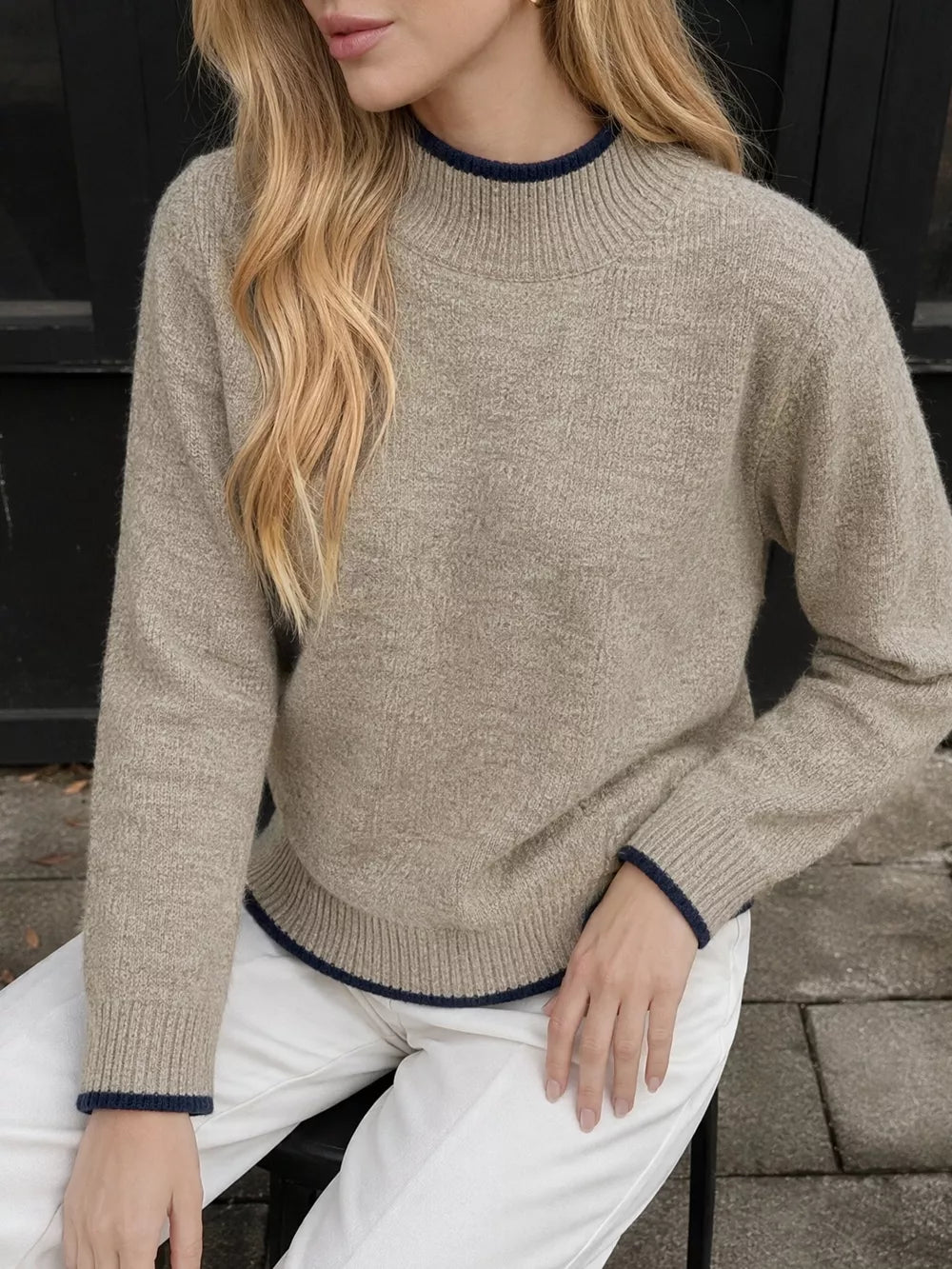 Cozy Mock Neck Sweater With Contrast Trim in Khaki, side view