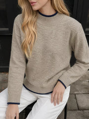 Cozy Mock Neck Sweater With Contrast Trim in Khaki, side view