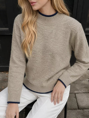 Cozy Mock Neck Sweater With Contrast Trim in Khaki, side view