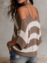 Striped Cold Shoulder Sweater in Black, fit detail