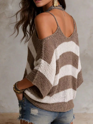 Striped Cold Shoulder Sweater in Black, fit detail