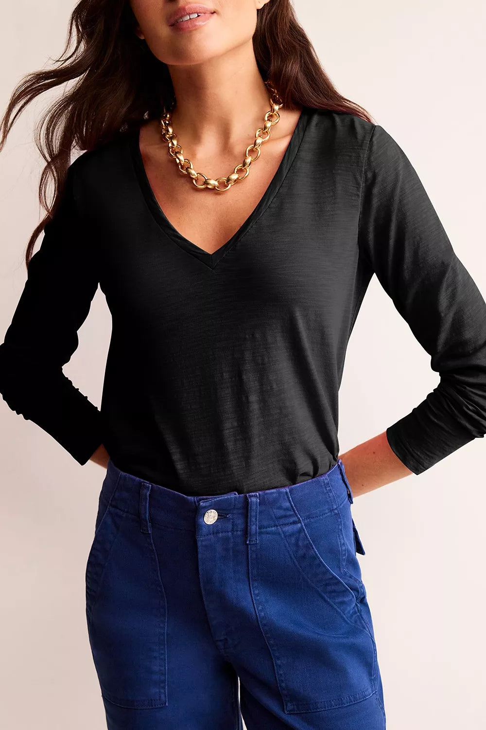 Solid Color V Neck Long Sleeve Top in Black, view 12