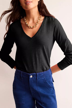 Solid Color V Neck Long Sleeve Top in Black, view 12