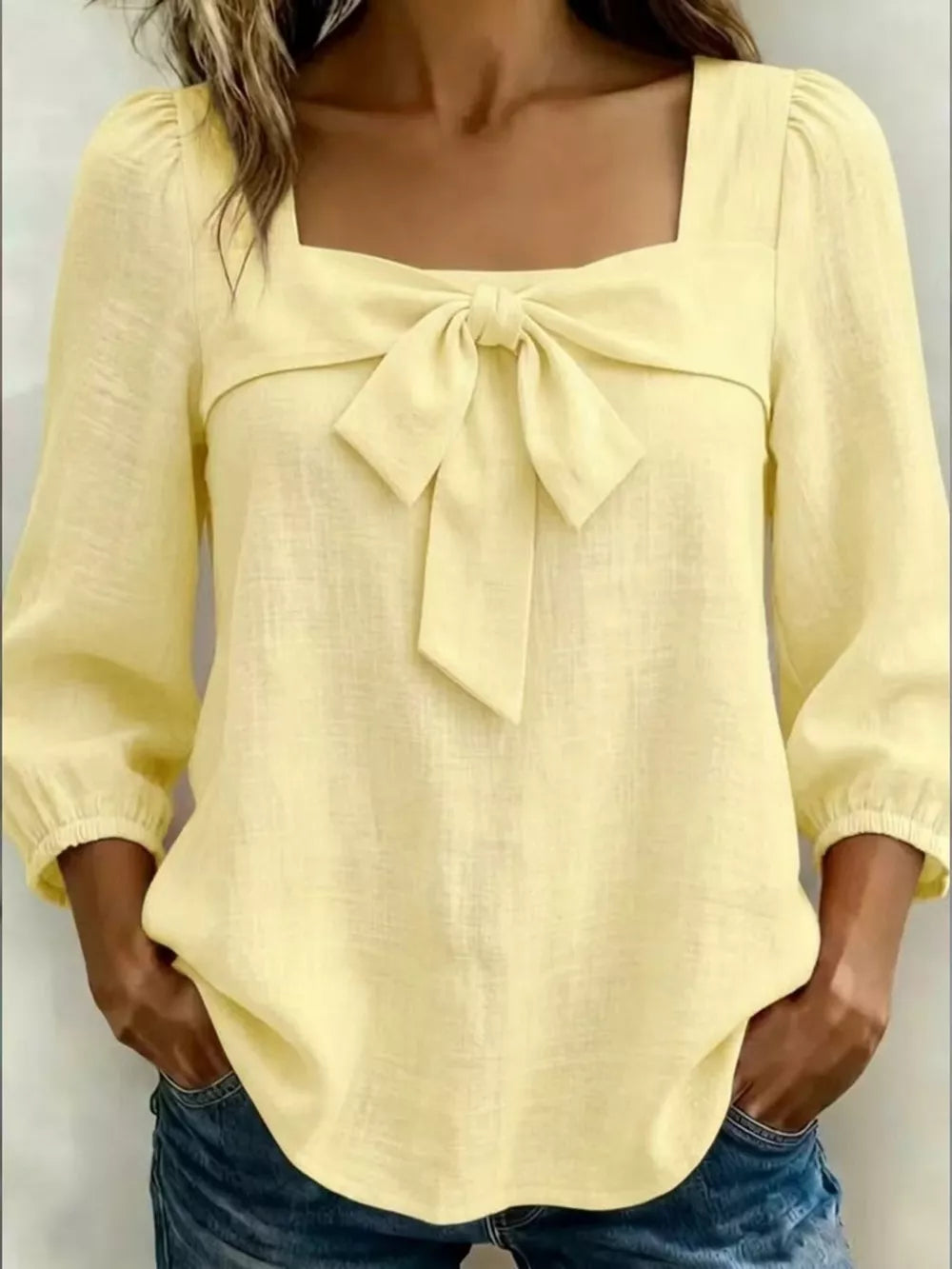 Full Size Bow Front Square Neck Blouse Plus Size, product detail