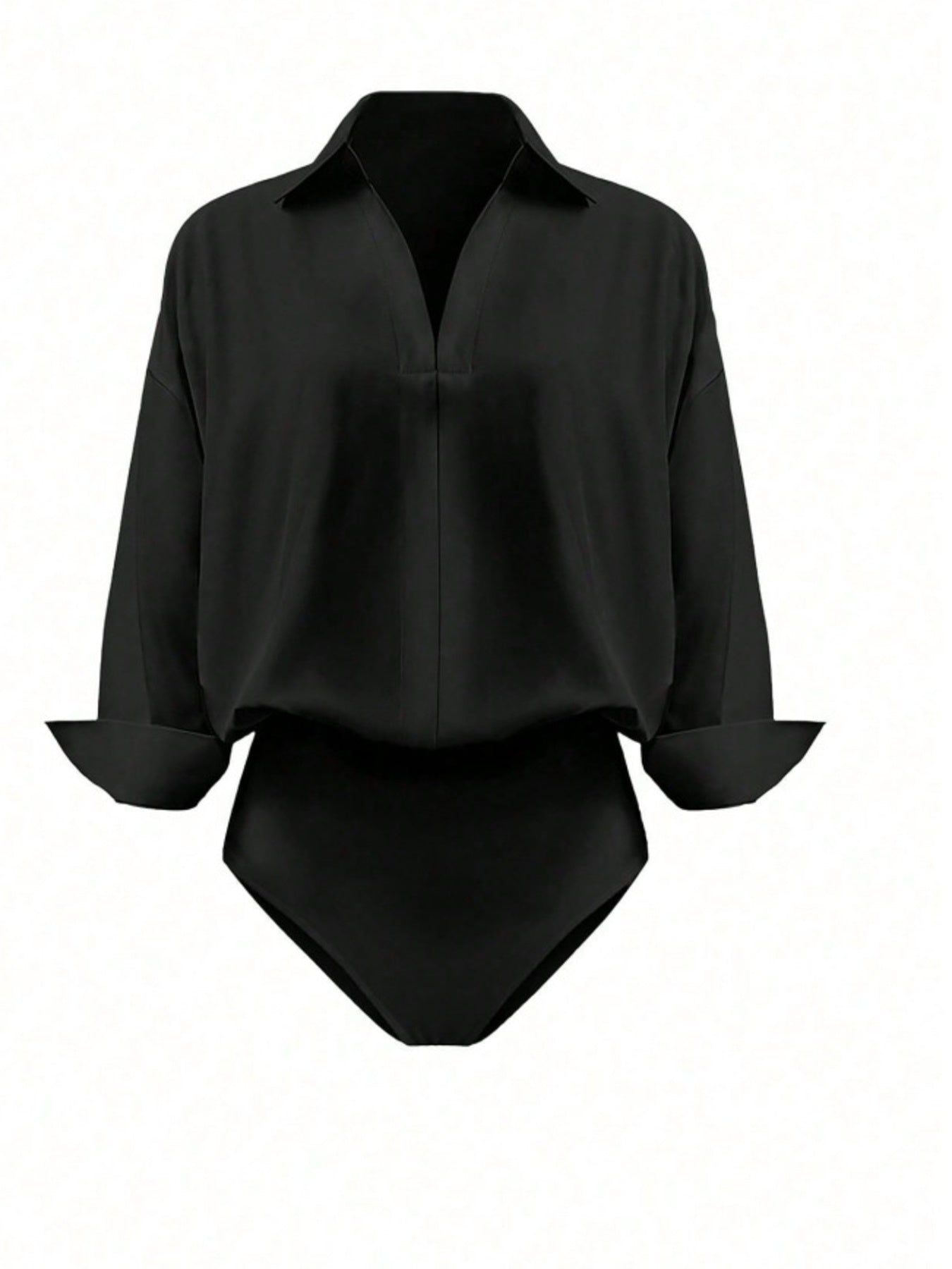 Black collared long sleeve bodysuit with cuffed sleeves