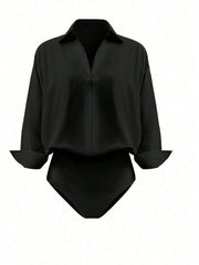 Black collared long sleeve bodysuit with cuffed sleeves