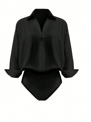 Black collared long sleeve bodysuit with cuffed sleeves