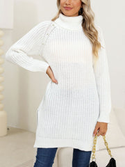 White ribbed turtleneck tunic with pearl embellishments on the shoulder and neckline.