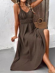 Coffee brown V-neck midi dress with smocked waist and subtle texture.