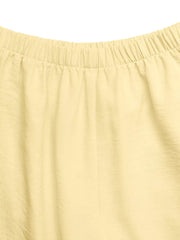 Yellow peplum hem two-piece set with button detail, elastic waistband detail.