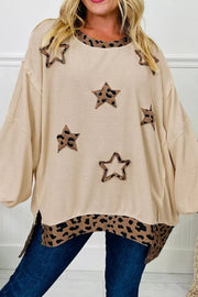Contrast Leopard Star Patchwork Sweatshirt in Khaki, front view