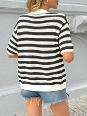 Black and white striped knit cardigan with short sleeves and a cropped fit.