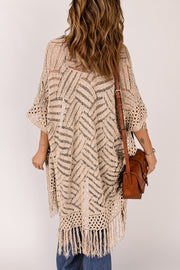 Open knit chevron fringe cardigan in tan with short sleeves and a relaxed fit.
