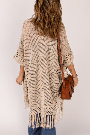 Open knit chevron fringe cardigan in tan with short sleeves and a relaxed fit.