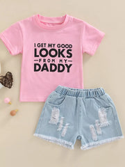 Pink cotton tee with black text and distressed denim shorts set for baby girls.