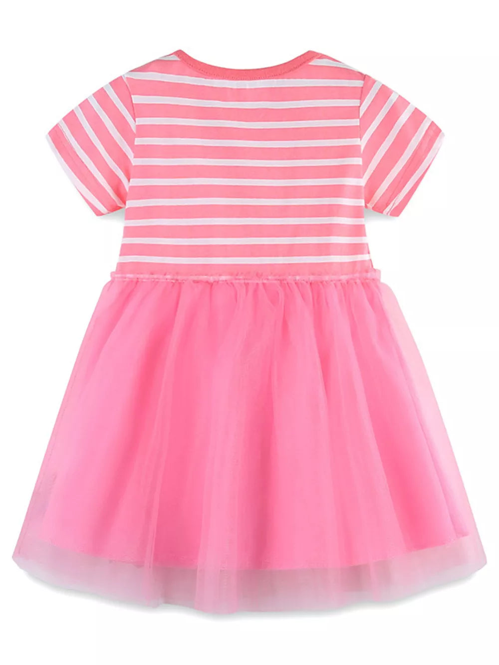 Pink and white striped cotton blend baby dress with a bright pink tulle skirt.