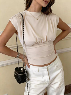 Ruched Waist Cap Sleeve Top in Apricot, close-up detail