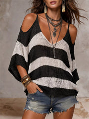 Striped Cold Shoulder Sweater in Black, close-up detail