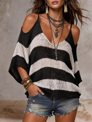 Striped Cold Shoulder Sweater in Black, close-up detail