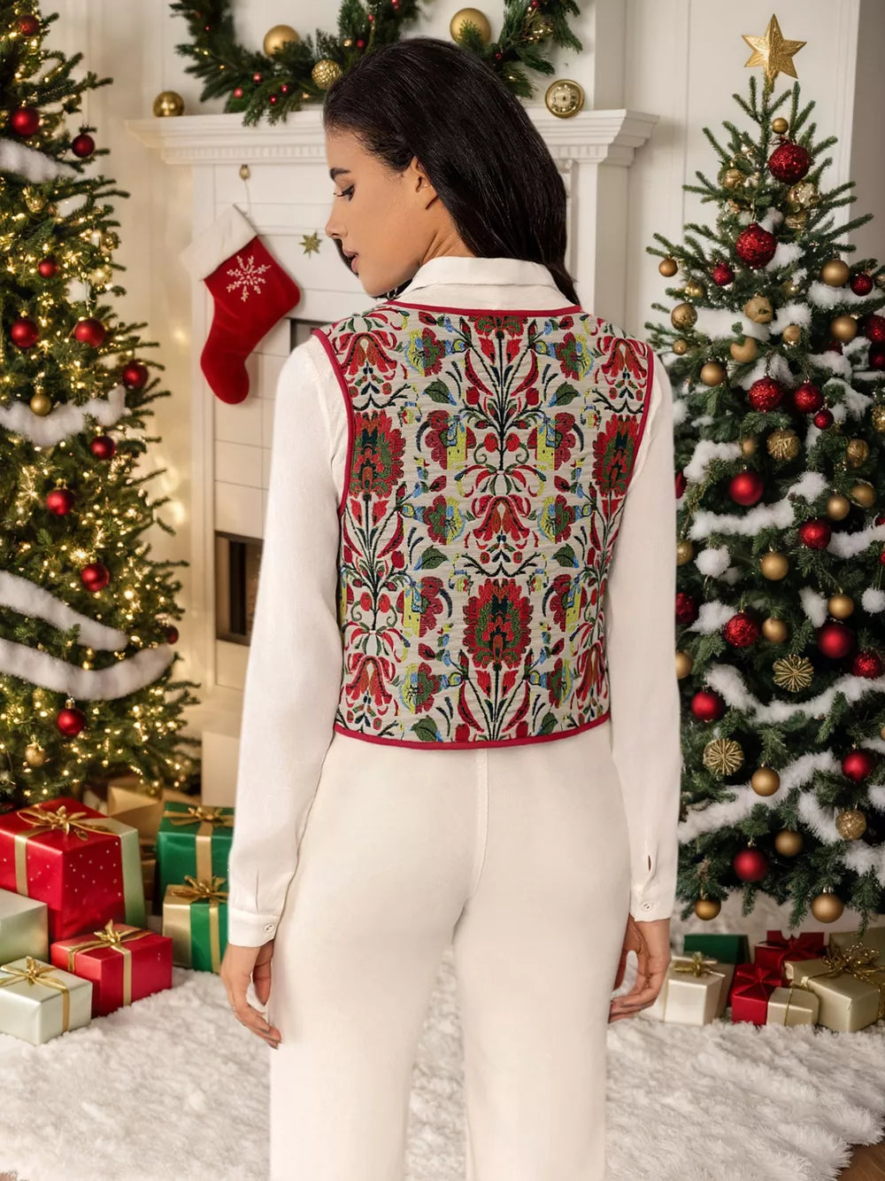 Embroidered tie-front cropped vest coat with red trim and floral pattern.