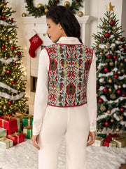 Embroidered tie-front cropped vest coat with red trim and floral pattern.