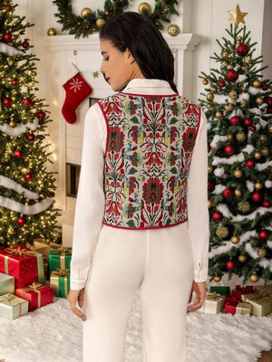 Embroidered tie-front cropped vest coat with red trim and floral pattern.