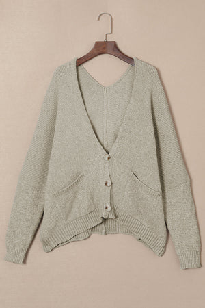 Khaki plush pocket cardigan with deep V-neck and button front.
