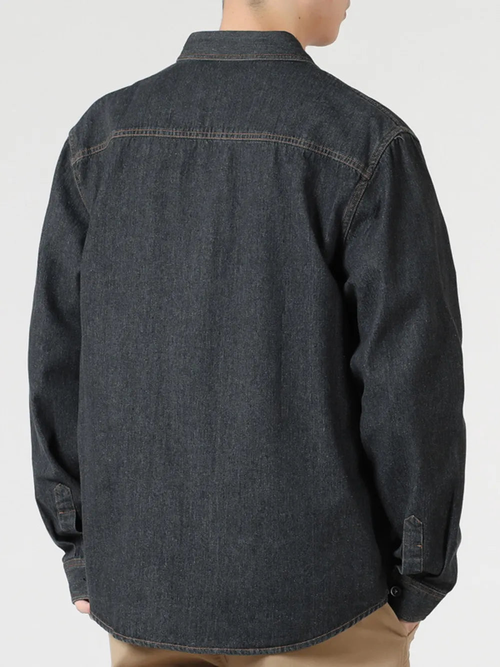 Classic relaxed fit denim shirt in black, 100% cotton, with buttoned cuffs and contrast stitching.