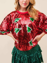 Red sequin Christmas tree tee with green tree appliques and trim.