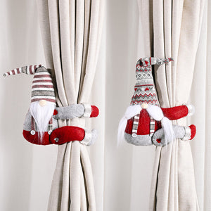 Charming gnome curtain tie-backs in red and grey with festive patterns.