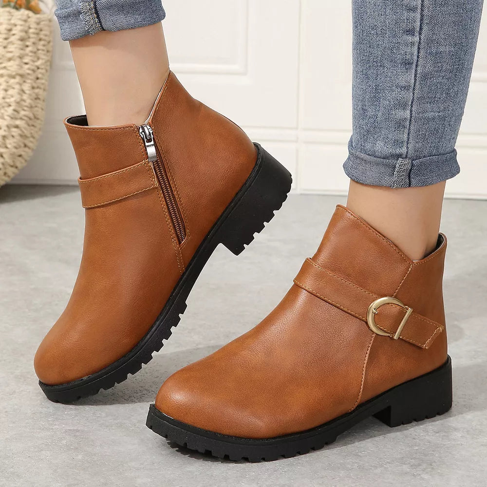 Caramel buckle ankle boots with side zip and block heel