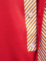 Red cotton button-up shirt with contrasting striped placket and white buttons.