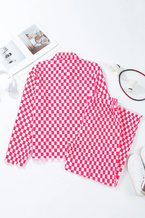 Pleated checkered lounge set with long sleeves and pants in pink plaid.