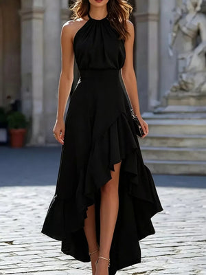 Ruffled High-low Sleeveless Maxi Dress in Black, front view