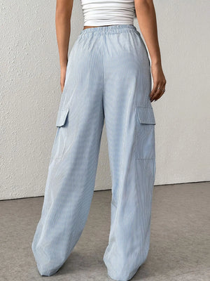 Light blue striped pleated cargo palazzo trousers with elastic waist and side pockets.