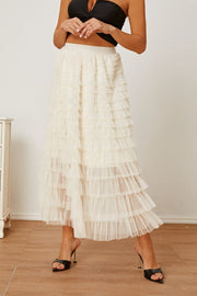 Ivory tiered tulle maxi skirt with a comfortable elastic waistband.