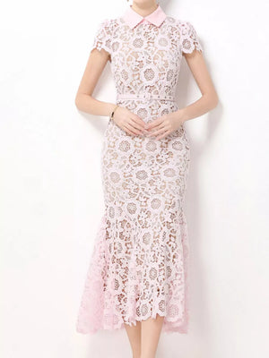 Pink floral lace midi dress with cap sleeves, collared neckline, and studded belt.
