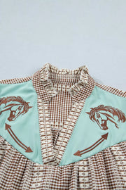 Embroidered yoke gingham puff sleeve shirt with horse detail and ruffled collar.