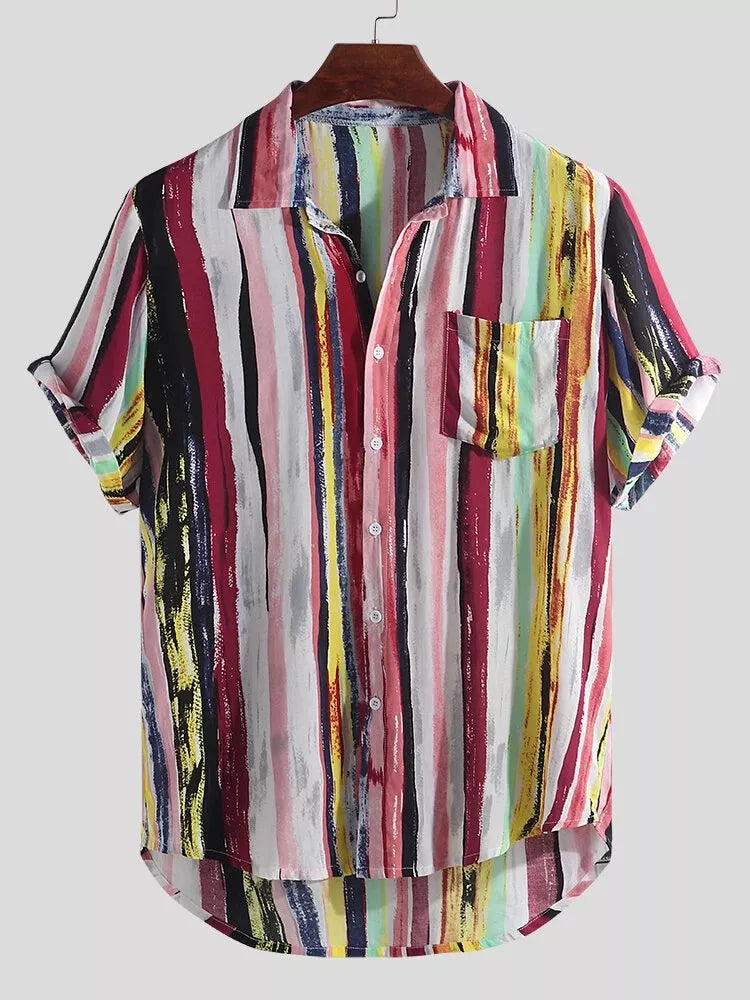 Men's Full Size Striped Button Up Shirt in Light Blue, side view