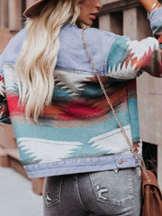Light blue denim jacket with Aztec pattern on sleeves and back, buttoned front.