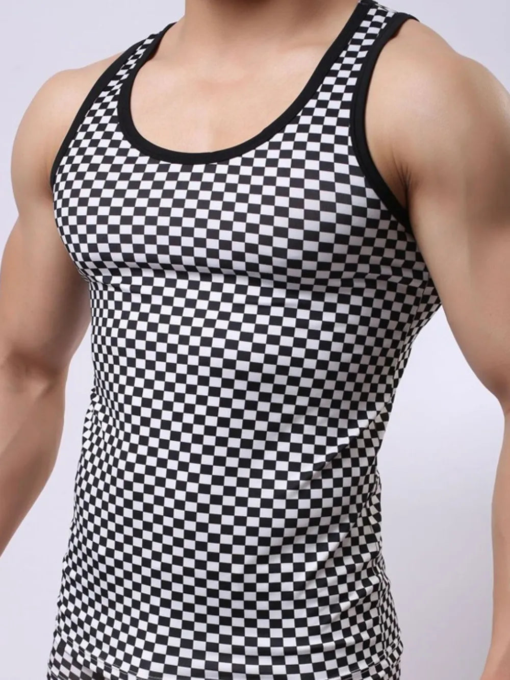 Black and white checkered racerback tank top with black trim.
