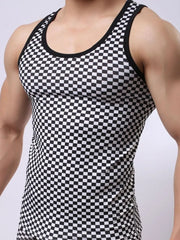 Black and white checkered racerback tank top with black trim.