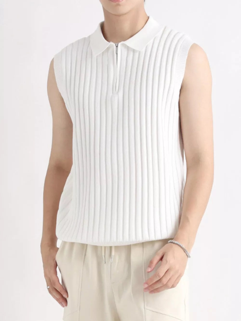 White ribbed knit zip-up tank with polo collar and sleeveless design.